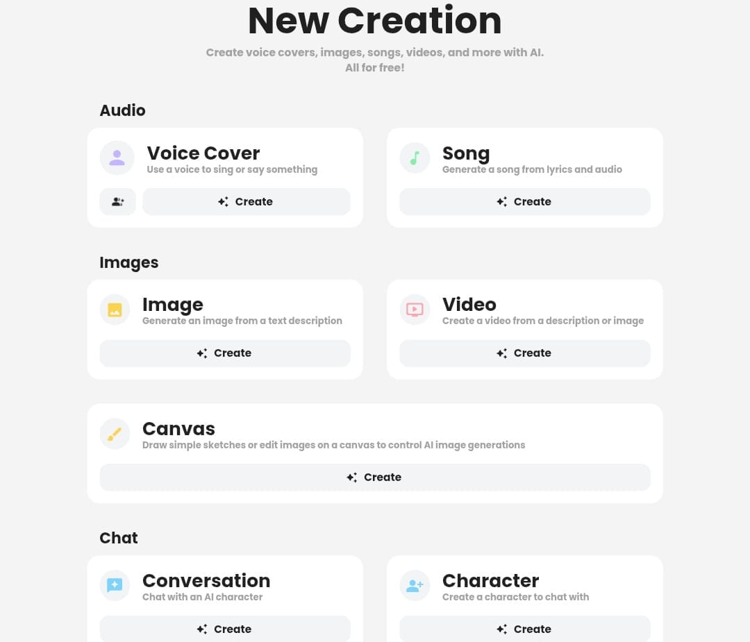 Options for creating audio, images, videos, and AI-generated art for free on Weights.gg.