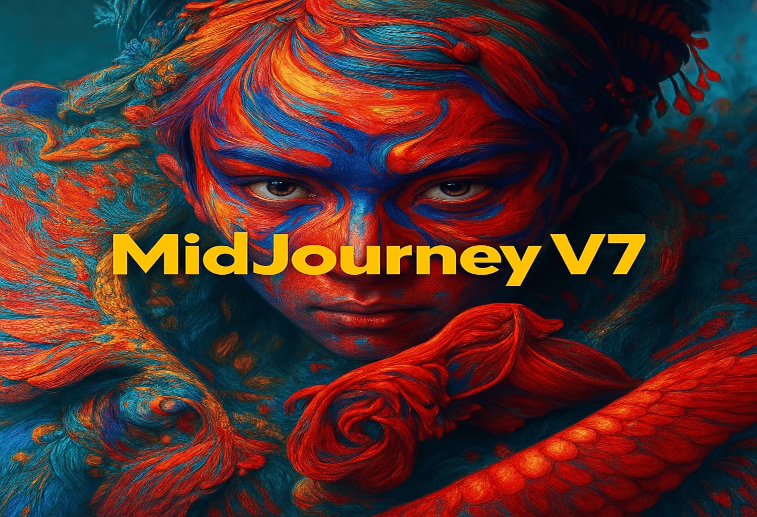 An artistic face with complex details and vivid colors (red and blue), showcasing the capabilities of the new Midjourney V7 model
