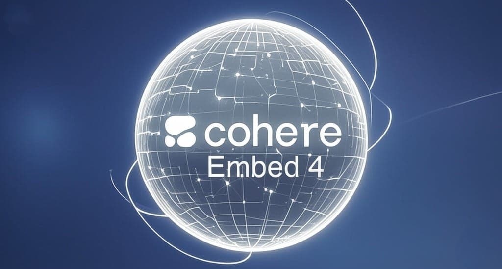 تمثيل مرئي لنموذج الذكاء الاصطناعي Embed 4 من شركة Cohere، يظهر كشبكة بيانات كروية متوهجة.