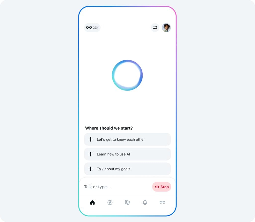 Screenshot of the Meta AI app start screen showing voice and text interaction options, chat suggestions, Meta AI logo, and Ray-Ban glasses connection.