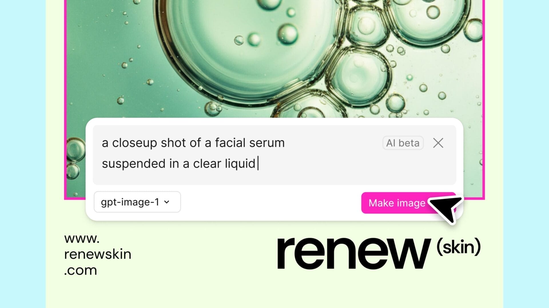 AI Image Generation using Figma Buzz Figma Buzz interface showing AI image generation feature with example prompt for skincare serum.