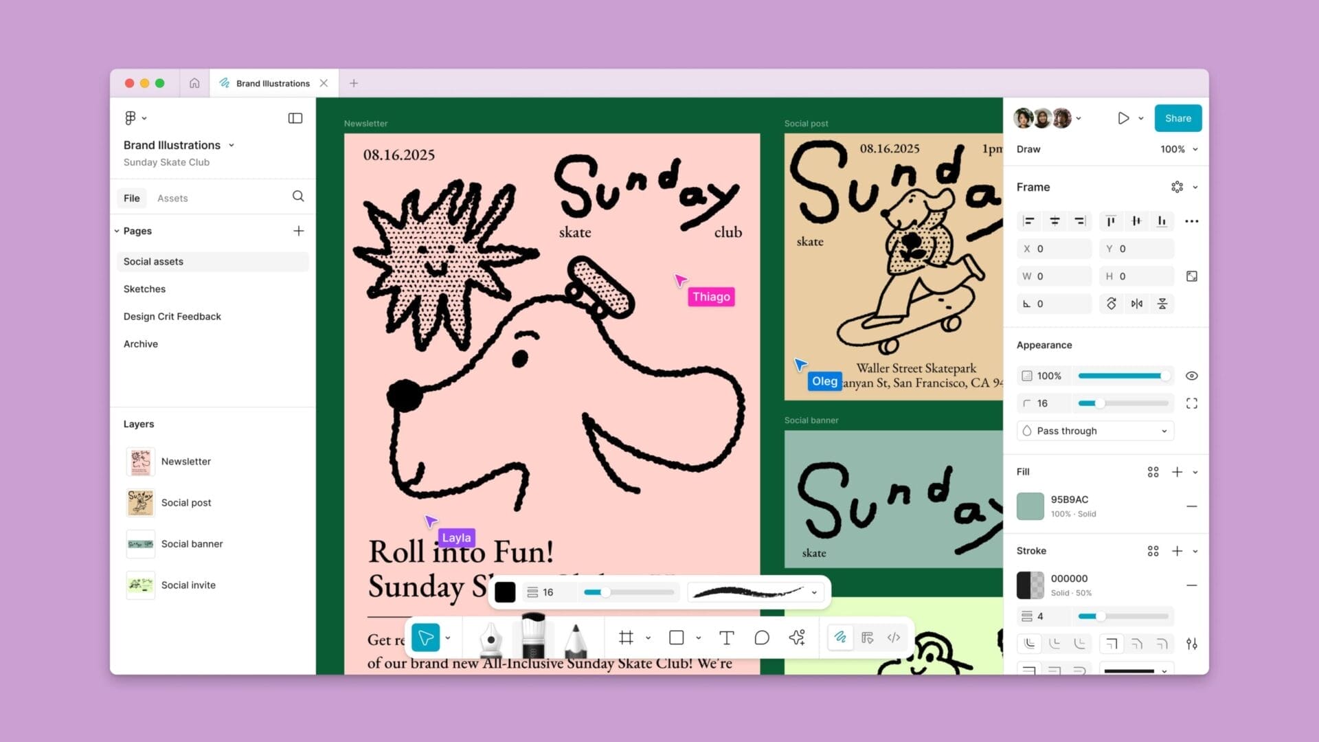 واجهة أداة Figma Draw تعرض عملية إنشاء رسوم توضيحية للعلامة التجارية 'Sunday Skate Club'، مع أدوات الرسم المختلفة وقوالب لمنشورات وسائل التواصل الاجتماعي.