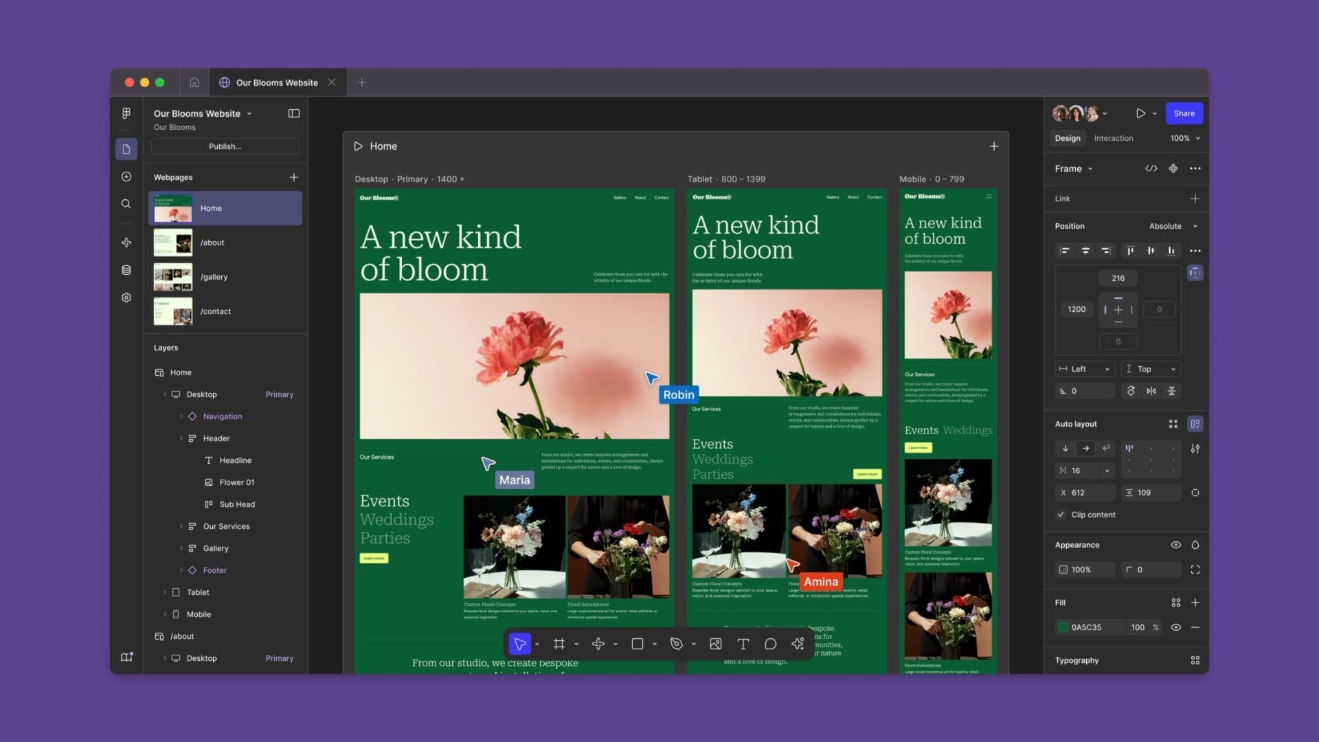 واجهة مستخدم Figma Sites تعرض عملية تصميم موقع ويب متجاوب (responsive) لمتجر زهور، مع معاينات لأحجام الشاشات المختلفة (سطح مكتب، تابلت، موبايل) وأدوات التعديل.