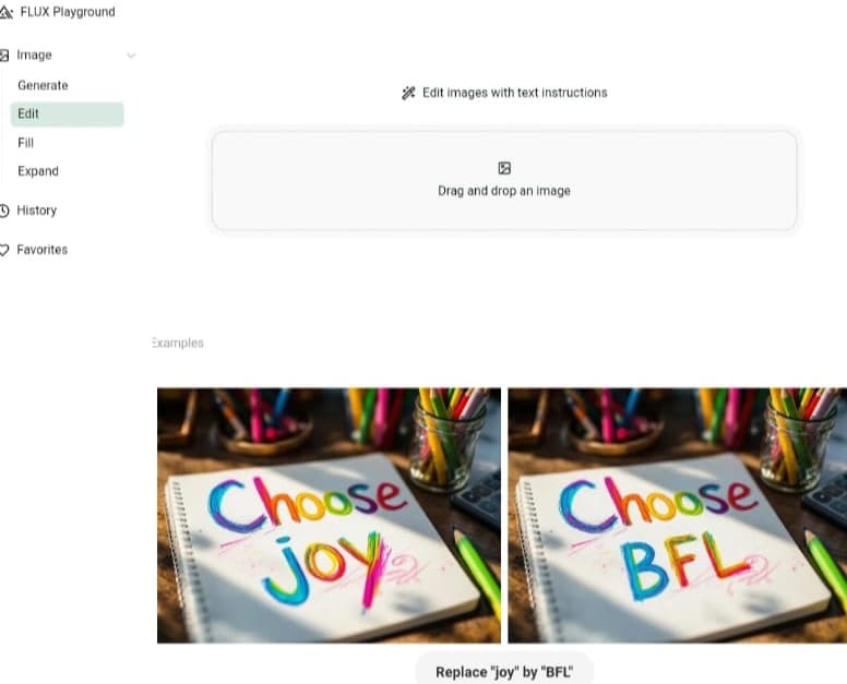 واجهة المستخدم في منصة Flux Playground، مع خيار تحرير الصور بالذكاء الاصطناعي من خلال الأوامر النصية، وخيار رفع الصورة المراد تعديلها.