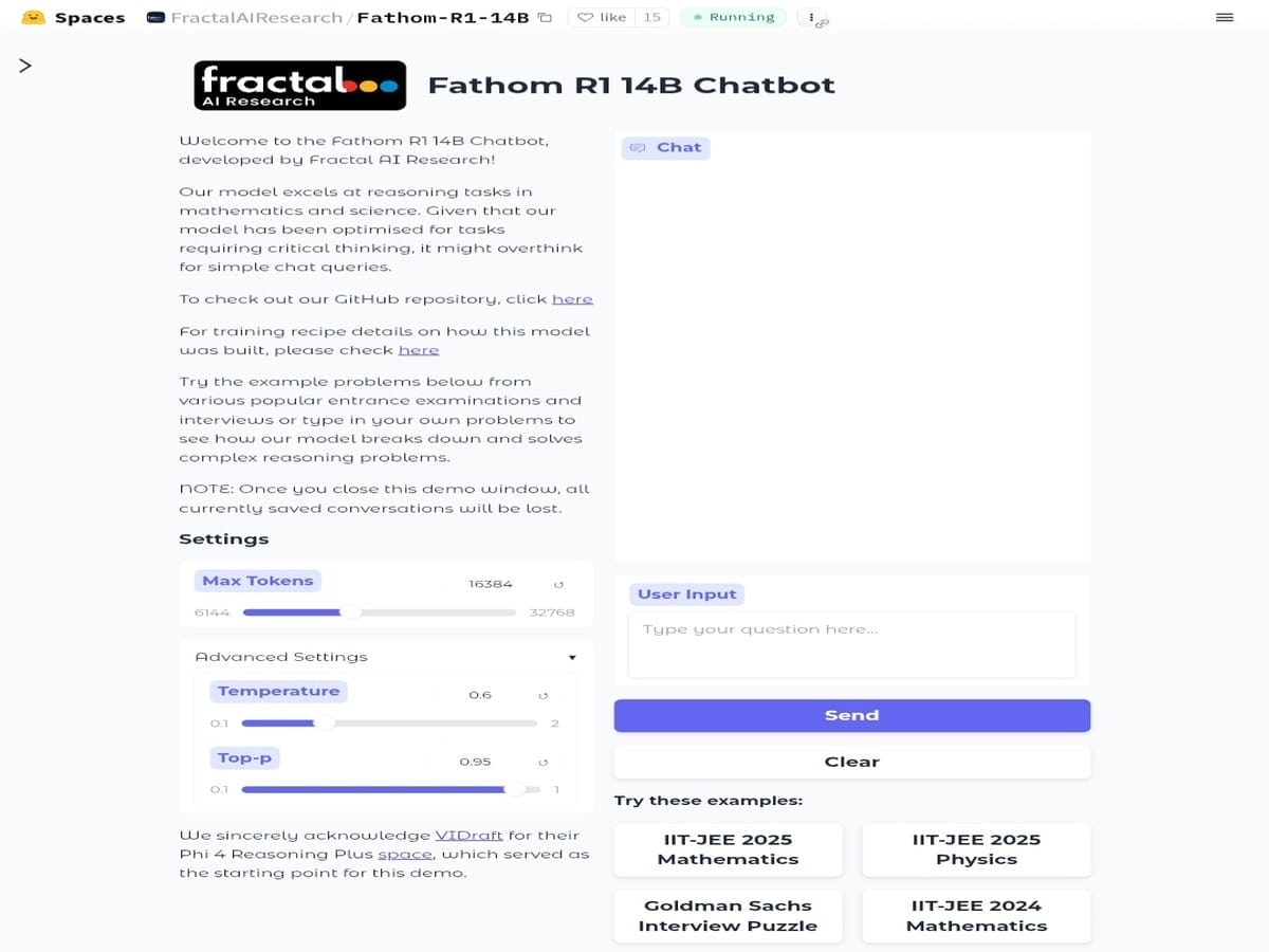 Free chat interface with the Indian AI model Fathom-R1-14B in a Hugging Face Space.