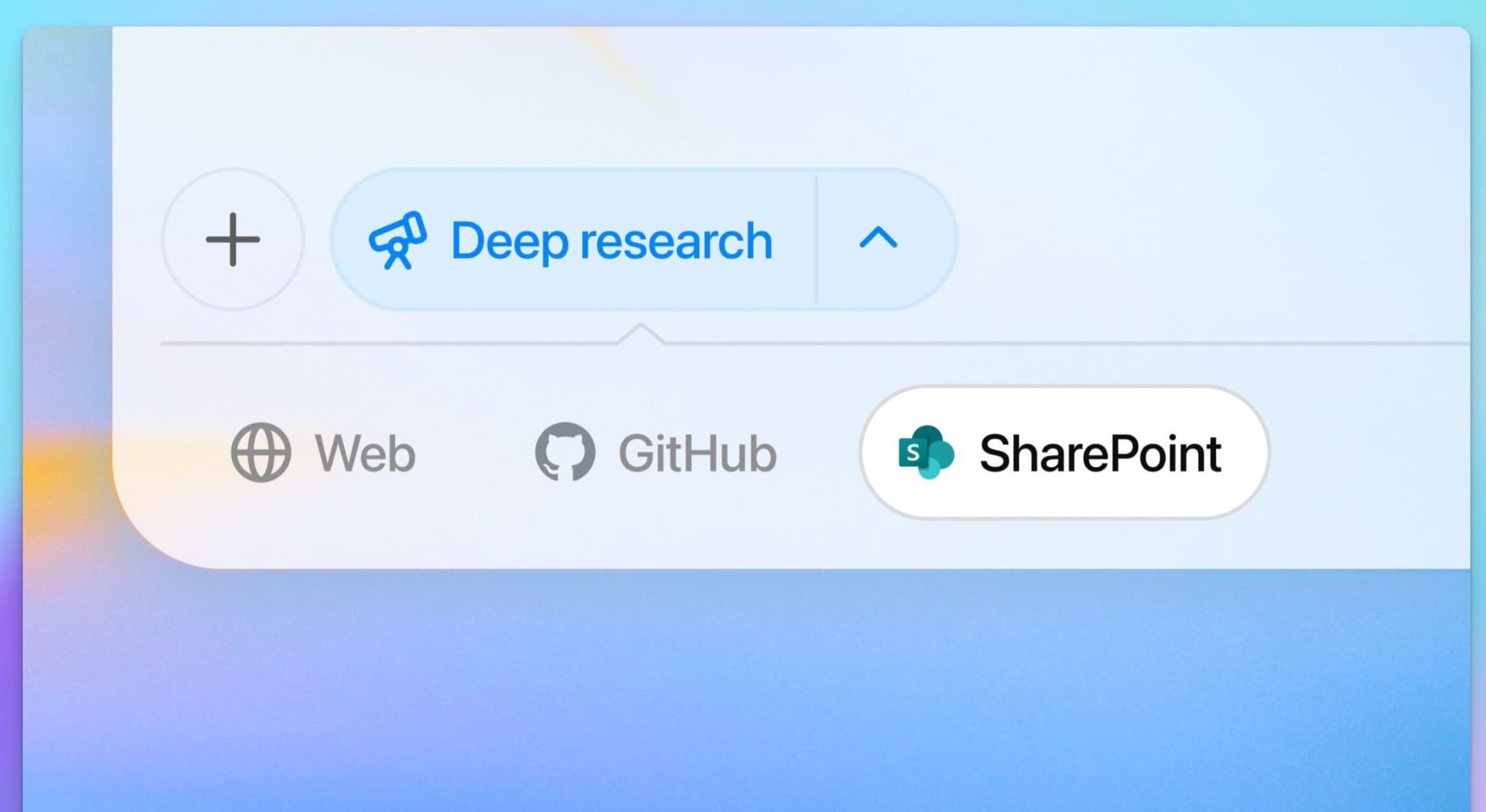 لقطة شاشة لواجهة مستخدم ChatGPT تظهر خيار 'البحث العميق' مع تحديد SharePoint كمصدر للبحث، إلى جانب خيارات Web و GitHub.