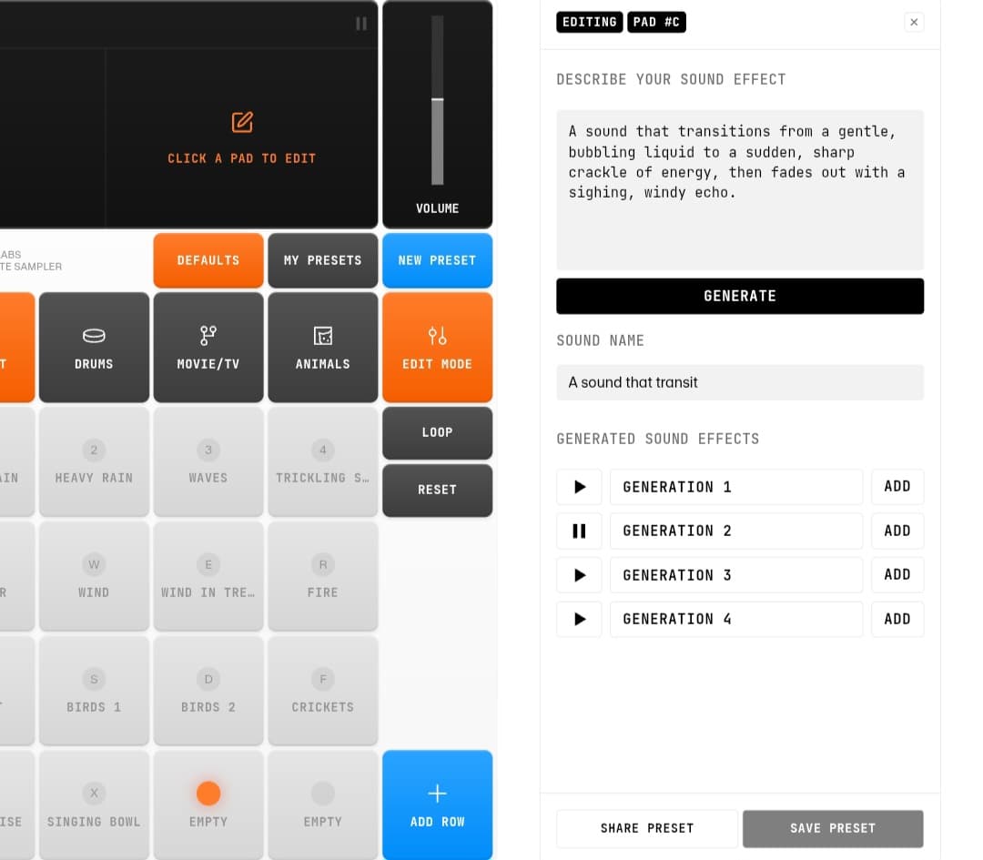 : واجهة أداة ElevenLabs SB-1 تظهر عملية توليد مؤثر صوتي بناءً على وصف نصي لمثال "صوت ينتقل من سائل يغلي إلى فرقعة طاقة ويتلاشى بصدى عاصف"