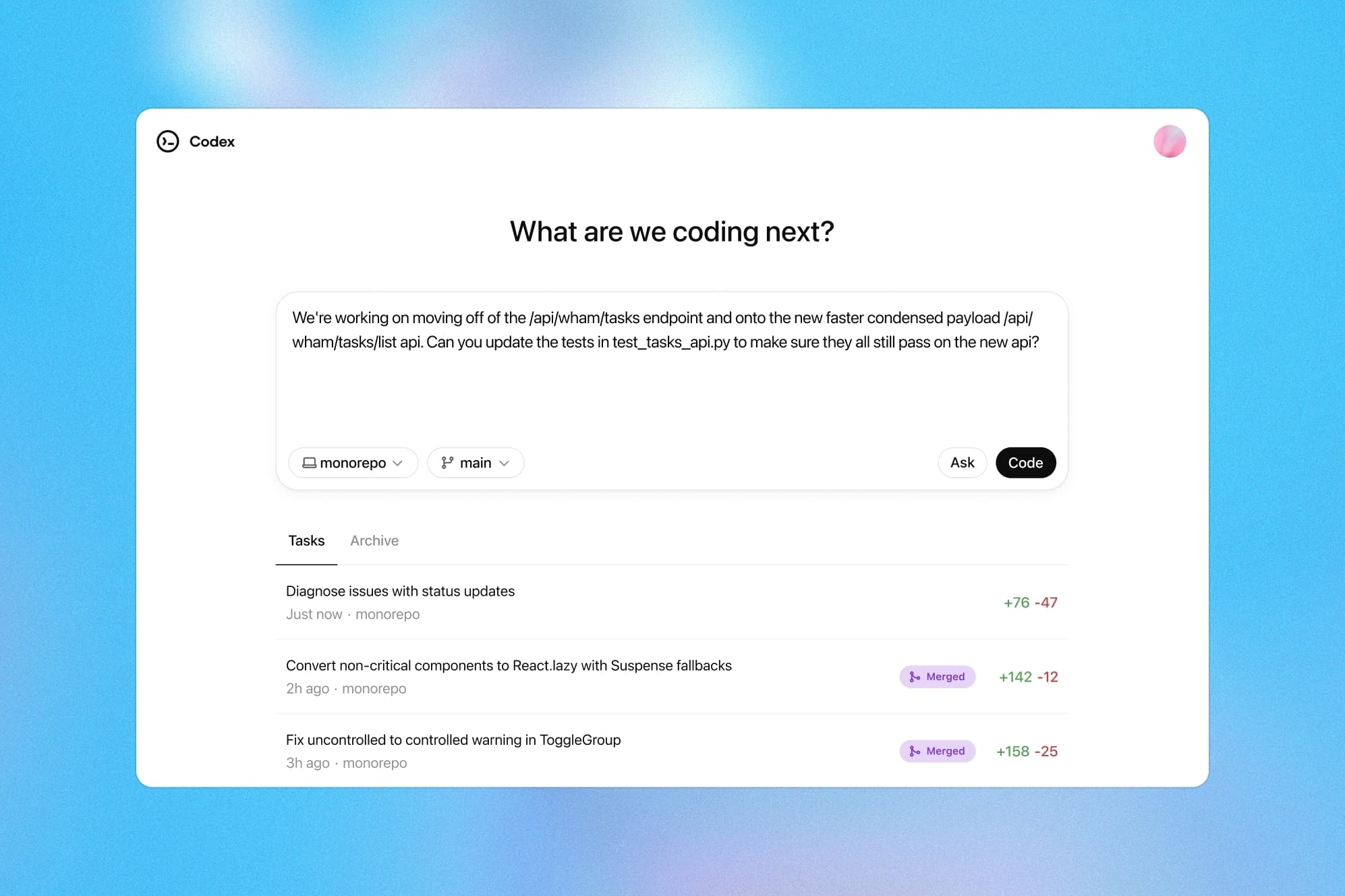 OpenAI Codex user interface showing how to give programming commands in natural language and track completed tasks.