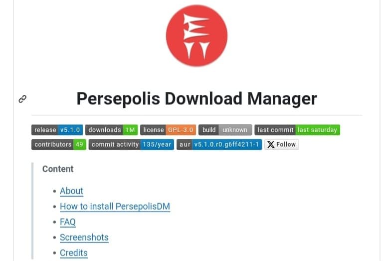 لقطة شاشة لصفحة Persepolis Download Manager على GitHub، تعرض شعار التطبيق، العنوان، وإحصائيات هامة مثل عدد التحميلات (1 مليون)، الترخيص (GPL-3.0)، وعدد المساهمين (49).
