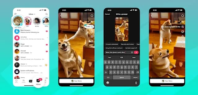 لقطات شاشة توضح واجهة ميزة TikTok AI Alive مع مثال توضيحي لتحويل الصور إلى فيديو باستخدام الذكاء الاصطناعي