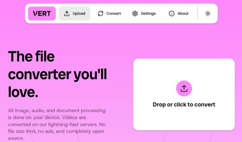 لقطة شاشة لواجهة موقع Vert لتحويل الملفات، تعرض العنوان الرئيسي "The file converter you'll love." ومنطقة سحب وإفلات للملفات مع نص "Drop or click to convert"، بالإضافة إلى شريط التنقل العلوي.