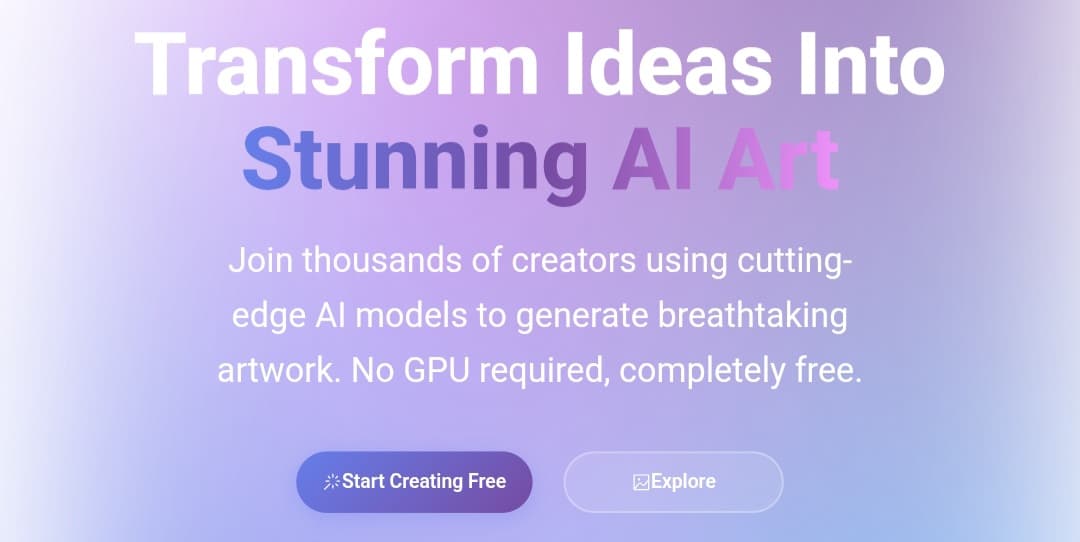 AI Gallery App Interface, showing heading 'Transform Ideas Into Stunning AI Art'.