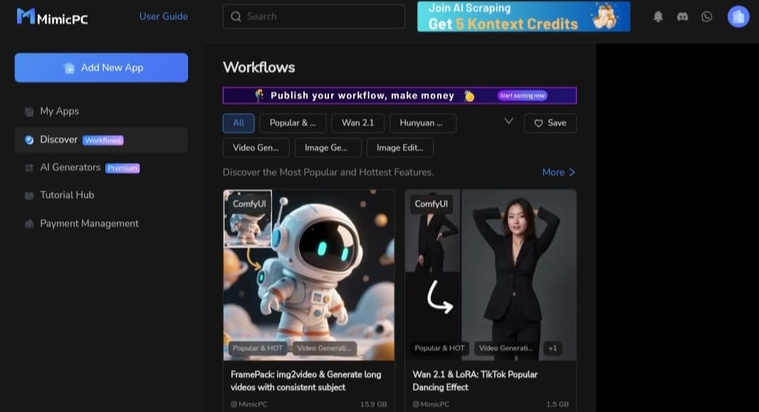 إنشاء workflow لتوليد الفيديوهات في موقع MimicPC
