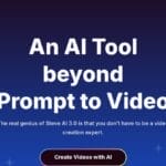 Screenshot of the Steve AI homepage, showing the title "An AI Tool beyond Prompt to Video" and a "Create Videos with AI" button. The image illustrates the tool's interface as an AI video maker for converting text and ideas into visual content.