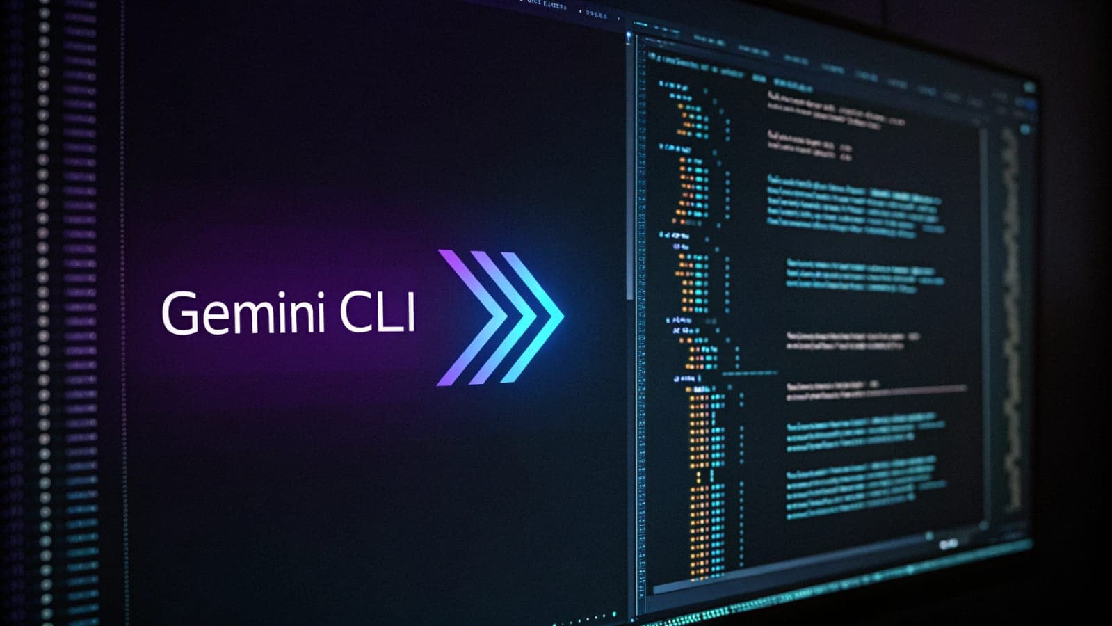 شعار Gemini CLI مع واجهة سطر أوامر برمجية في الخلفية تعرض أداة جوجل للذكاء الاصطناعي للمطورين.