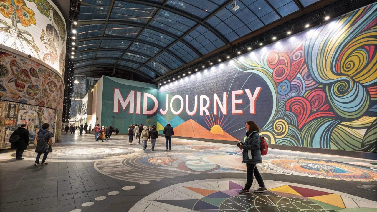 جدارية فنية ضخمة تحمل شعار Midjourney بأحرف بارزة في قاعة عرض عصرية بحضور عدد من الزوار، تحمل انطباع بالابداع القادم من Midjourney Video & V8.