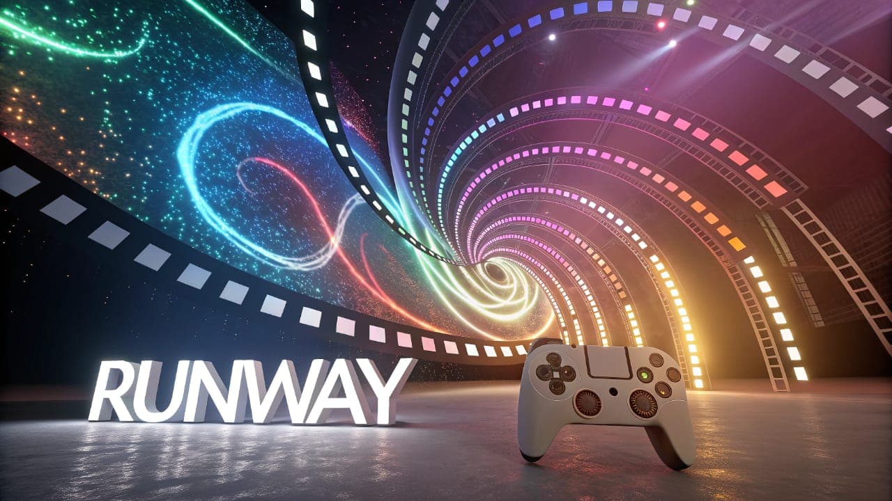 Image showing the word RUNWAY in illuminated letters, with a video game controller in the foreground and a film strip spiraling in a futuristic background.