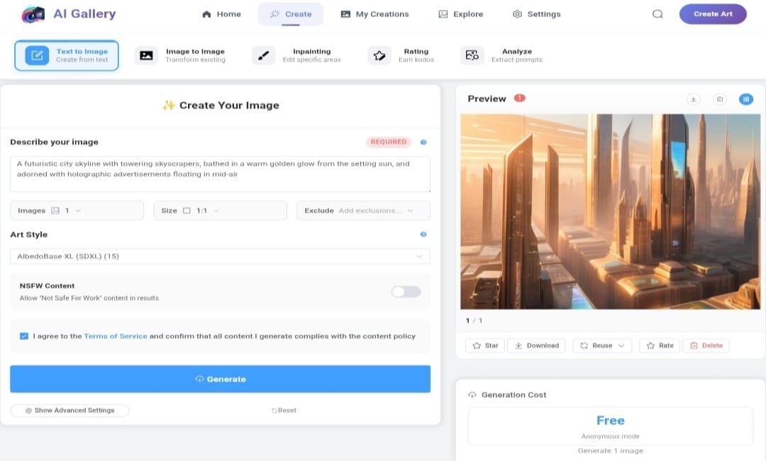Screenshot showing the image generation tool, with an example for generating AI image using aigallery.app