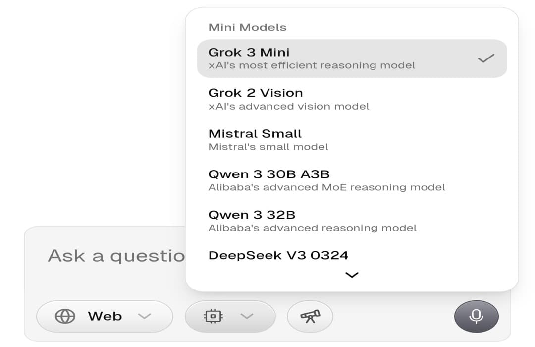 Screenshot of the Scira AI user interface, showing some of the available AI models on the platform.