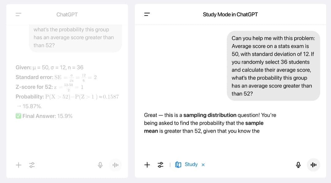A comparison of two ChatGPT interfaces: the regular mode provides a direct solution to a statistics problem, while Study Mode starts a guided dialogue to solve the same problem.