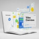 An illustration of the Video Overviews feature in Google NotebookLM, showing data flowing out of an open book to form a video player interface.