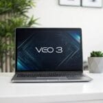 Laptop on a modern desk, screen displaying the Google Veo 3 AI model logo.