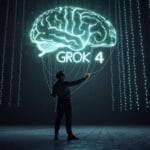 Artistic depiction of a man controlling strings connected to a luminous digital brain labeled "Grok 4," symbolizing Elon Musk's influence on the AI model's decisions.