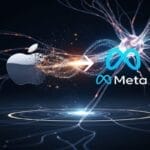 A symbolic image of the Apple logo fading while luminous energy flows from it towards the Meta logo, indicating the transfer of an AI mastermind from Apple to Meta.