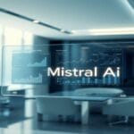A futuristic transparent screen displaying graphs and analytics with the Mistral AI logo in a modern office environment.