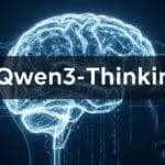 صورة توضيحية لنموذج Qwen3-Thinking تظهر دماغًا رقميًا متوهجًا يرمز للذكاء الاصطناعي والقدرات المنطقية الفائقة.