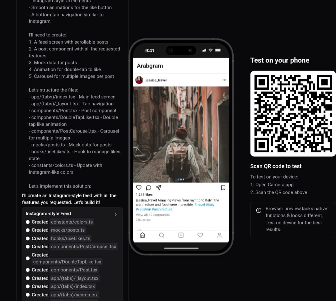 The process of creating an app on Rork.com from a text prompt, showing a live preview and a QR code for testing.