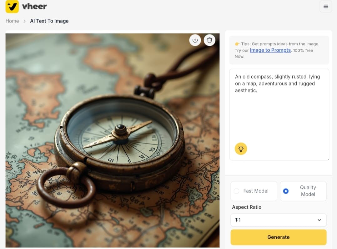 مثال عملي يوضح كيفية توليد صورة بوصلة على خريطة باستخدام أداة الذكاء الاصطناعي المجانية في موقع Vheer.