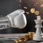 قفاز ملاكمة فضي يحمل اسم GPT-5 يوجه لكمة قوية لقطعة شطرنج بيضاء على شكل ملك، مما يؤدي إلى تناثر العملات الذهبية على رقعة الشطرنج.